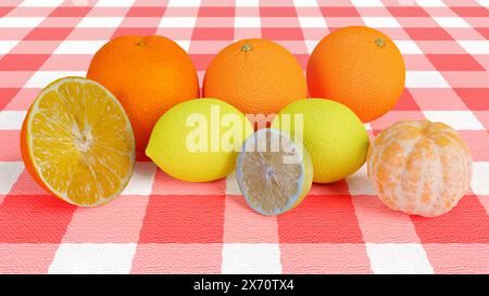 Nature morte des fruits. Divers agrumes sont disposés sur la table : oranges, citrons, mandarines, clémentines. Banque D'Images