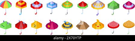 Vecteur de parapluie pour enfants. Une collection de parapluies colorés avec divers designs et motifs. Les parapluies sont disposés en rangée, certains se chevauchant. La scène est joyeuse et ludique, car les parapluies sont lumineux Illustration de Vecteur