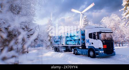 Un camion avec un dispositif de remplissage d'hydrogène, des réservoirs d'hydrogène et une centrale éolienne au milieu d'une forêt enneigée dans la belle lumière du matin. rende 3D. Banque D'Images