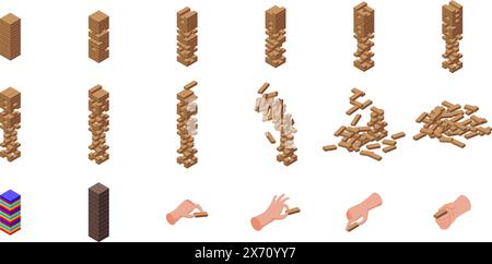 Vecteur de jeu d'équilibres de pile de bois. Une pile de blocs de bois avec une main atteignant le haut. Les blocs sont de tailles différentes et sont empilés les uns sur les autres. Concept de jeu et de créativité Illustration de Vecteur