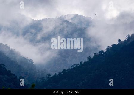 La brume et les nuages enveloppent les montagnes Troodos, vues depuis le village de Galata, République de Chypre. Banque D'Images