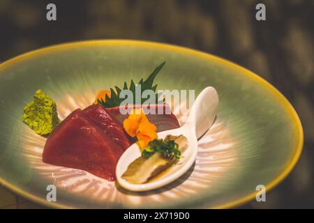 Sashimi Moriawase de thon, saumon et flet et servi dans un bol Banque D'Images
