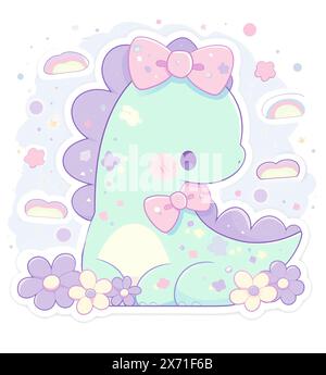 Mignon kawaii ilustration d'une fille Dino vert et violet pour autocollants, emotes Twitch, décoration de chambre, logo, graphiques, clipart, isolé, caractère des Banque D'Images