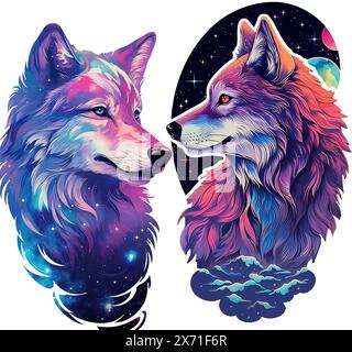 Loups mignon kawaii ilustrations pour autocollants, emotes Twitch, décoration de chambre, logo, graphiques, clipart, isolé, design de caractère, décoratif Banque D'Images