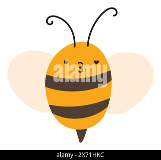 Fly Bee baiser Love Emoji icône. Mignon personnage d'enfant. Illustration vectorielle plate de symbole d'objet Élément de dessin animé pour web ou design typographique, affiche Illustration de Vecteur