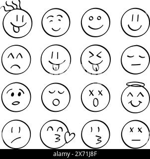 Icône visages emojis dans le style dessiné à la main. Doddle émoticônes illustration vectorielle sur fond isolé. Concept d'affaires de signe de visage heureux et triste. Illustration de Vecteur