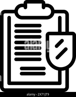 Icône vectorielle de dessin au trait noir et blanc représentant un presse-papiers avec une liste de contrôle et un stylo attaché Illustration de Vecteur