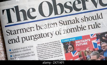 05 mai 2024. Le titre de The observer se lit comme suit : - Starmer : Beaten Sunak devrait mettre fin au purgatoire de la règle des zombies. Banque D'Images