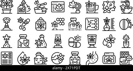 Icône de vecteur extrait de cannabinoïde de chanvre. Une collection de symboles et d'icônes variés, y compris une fleur, une bouteille et une tasse. Scene est une scène de détente et de bien-être, avec les différents symboles représentant différents aspects de l'auto-soin Illustration de Vecteur