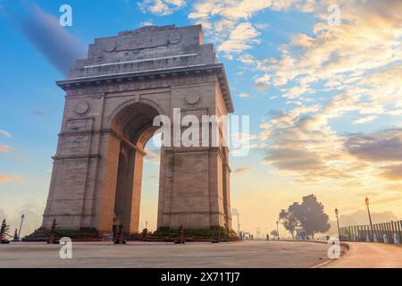 Porte de l'Inde au lever du soleil vue latérale, Rajpath, New Dehli, Inde Banque D'Images