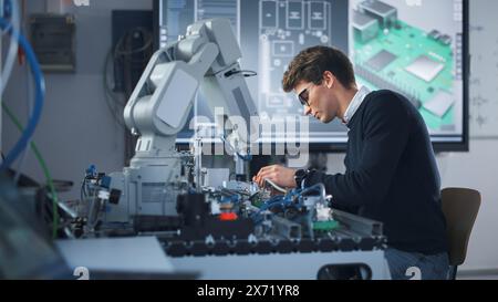 Portrait de jeune homme attentif ingénierie bras robotique avec tournevis à la salle isolée. Étudiant en sciences réalisant une expérience avec Bionic Arm. Concept de science, d'éducation et d'apprentissage de haute technologie Banque D'Images