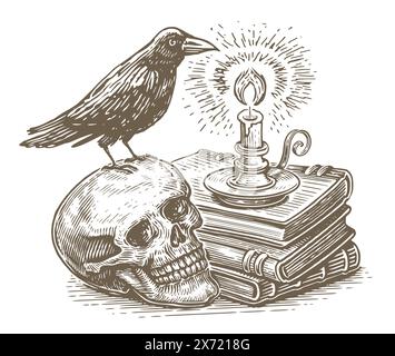 Bougie et livres avec des sorts magiques, crâne humain avec corbeau assis dessus. Sorcellerie, occulte, ésotérique, définition Illustration de Vecteur