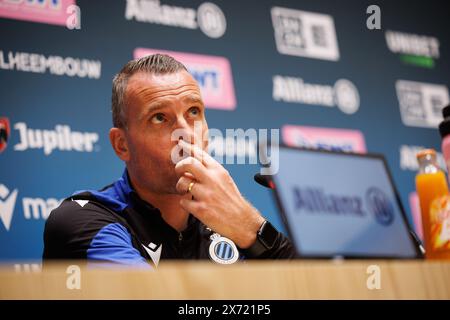 Knokke Heist, Belgique. 17 mai 2024. L'entraîneur-chef du club, Nicky Hayen, photographié lors de la conférence de presse hebdomadaire de l'équipe belge de football Club Brugge KV, vendredi 17 mai 2024 à Knokke-Heist, pour discuter du prochain match vs RSC Anderlecht que les deux clubs ont les mêmes points en tête du championnat avant l'avant-dernier match des play-offs du titre dans le championnat de Belgique Jupiler Pro League. BELGA PHOTO KURT DESPLENTER crédit : Belga News Agency/Alamy Live News Banque D'Images