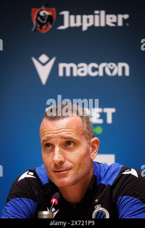 Knokke Heist, Belgique. 17 mai 2024. L'entraîneur-chef du club, Nicky Hayen, photographié lors de la conférence de presse hebdomadaire de l'équipe belge de football Club Brugge KV, vendredi 17 mai 2024 à Knokke-Heist, pour discuter du prochain match vs RSC Anderlecht que les deux clubs ont les mêmes points en tête du championnat avant l'avant-dernier match des play-offs du titre dans le championnat de Belgique Jupiler Pro League. BELGA PHOTO KURT DESPLENTER crédit : Belga News Agency/Alamy Live News Banque D'Images