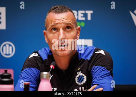Knokke Heist, Belgique. 17 mai 2024. L'entraîneur-chef du club, Nicky Hayen, photographié lors de la conférence de presse hebdomadaire de l'équipe belge de football Club Brugge KV, vendredi 17 mai 2024 à Knokke-Heist, pour discuter du prochain match vs RSC Anderlecht que les deux clubs ont les mêmes points en tête du championnat avant l'avant-dernier match des play-offs du titre dans le championnat de Belgique Jupiler Pro League. BELGA PHOTO KURT DESPLENTER crédit : Belga News Agency/Alamy Live News Banque D'Images