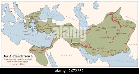 L'Empire d'Alexandre le Grand sur son parcours de conquête de la Grèce à l'Inde à Babylone 334 à 323 av. J.-C. Carte historique étiquetée en allemand. Banque D'Images