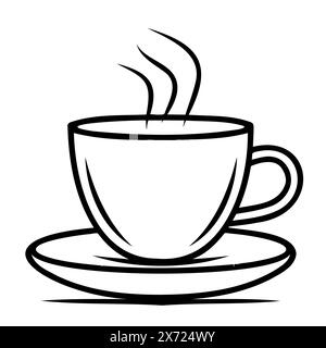 Dessin au trait de tasse à café sur soucoupe en noir et blanc Illustration de Vecteur