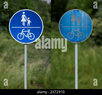 Un panneau de signalisation pour une piste cyclable et piétonne, symbole de l'ancien et du nouveau, les ravages du temps, Bavière, Allemagne Banque D'Images