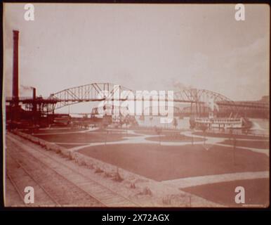 Winona, Minn., pont au-dessus du Mississippi, répertorié dans Detroit, catalogue F (1899)., 'Detroit Photographic Co.', monté dos à dos avec '01934. Winona, Minnesota. La digue sous le pont. » Peut avoir fait partie de album., Detroit Publishing Co. No. 01933., Gift ; State Historical Society of Colorado ; 1949, Lafayette Lamb (Stern Wheeler), Bridges. , Voies ferrées. , Parcs. , États-Unis, Minnesota, Winona. Banque D'Images
