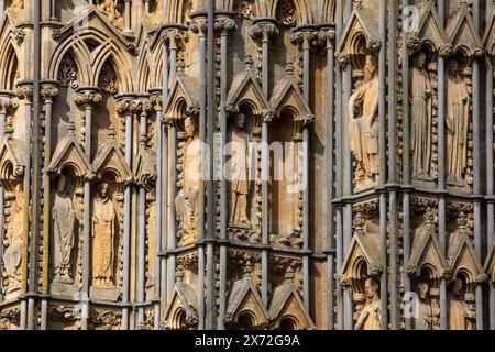 Le magnifique extérieur sculpté de la cathédrale de Wells dans la ville de Wells dans le Somerset, Royaume-Uni. Banque D'Images