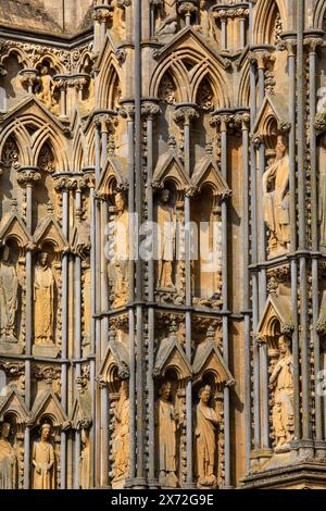 Le magnifique extérieur sculpté de la cathédrale de Wells dans la ville de Wells dans le Somerset, Royaume-Uni. Banque D'Images