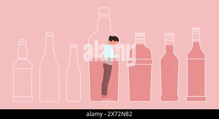 Femme déprimée désespérée coincée dans un flacon : concept de dépendance à l'alcool Illustration de Vecteur