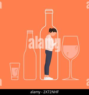 Femme déprimée désespérée coincée dans un flacon : concept de dépendance à l'alcool Illustration de Vecteur