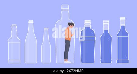 Femme déprimée désespérée coincée dans un flacon : concept de dépendance à l'alcool Illustration de Vecteur