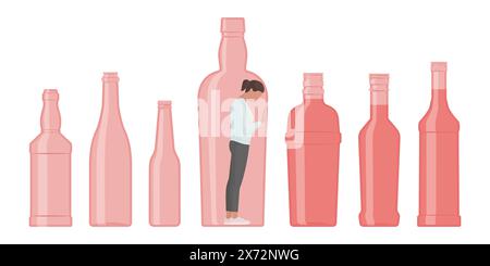 Femme déprimée désespérée coincée dans un flacon : concept de dépendance à l'alcool Illustration de Vecteur