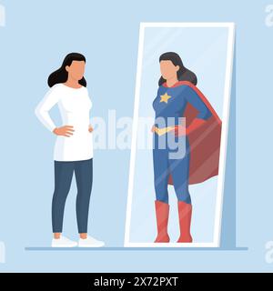 Femme confiante regardant un miroir et se voyant comme un super-héros, une identité et un concept d'autonomisation Illustration de Vecteur