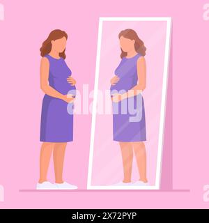 Femme enceinte se regardant dans le miroir et tenant son ventre : concept de maternité Illustration de Vecteur