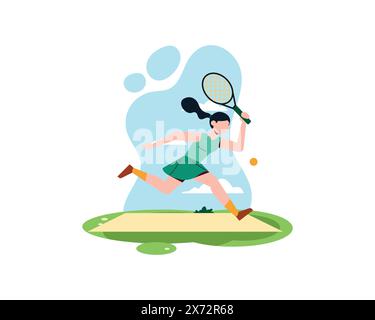 Jeune femme aux cheveux longs qui court après le ballon dans la pratique du tennis. Conception d'illustration de concept d'activité sportive et de loisirs. Illustration de Vecteur