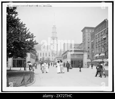 Park Street Church et Tremont Street Mall, Boston, Mass., en bordure de Boston Common., Detroit Publishing Co. No. 019631., Gift ; State Historical Society of Colorado ; 1949, Congregational Church. , Stations de métro. , Parcs. , États-Unis, Massachusetts, Boston. Banque D'Images