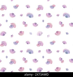 Coquilles Saint-Jacques en bleu, lilas et rose sur fond blanc. Illustration aquarelle. Motif sans couture. Pour tissus, textiles et wallpape Banque D'Images