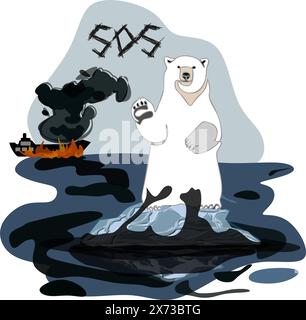 Marée noire en mer et ours sale. Catastrophe environnementale, pollution des océans, concept de catastrophe écologique. Illustration vectorielle de dessin animé Illustration de Vecteur