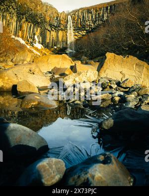 Cascade unique de Svartifoss avec de l'eau soyeuse dans le sud de l'Islande. Situé à Skaftafell. Vatnajökull National par. Destination de voyage populaire Banque D'Images