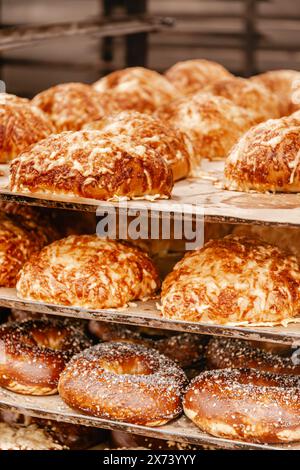 Petits pains, petits pains et bagels fraîchement cuits dans un chariot d'étagère dans une boulangerie Banque D'Images