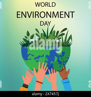 illustration vectorielle sur le thème du jour de la terre. planète terre, tenue par les mains, autour - arbres, feuilles. prendre soin du climat, de la nature, de l'écologie. plat Illustration de Vecteur