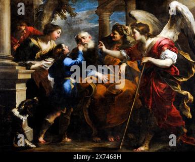 Tobias Healing the Blind Tobit de Valerio Castello (1624-1659), huile sur toile, v. 1650 Banque D'Images