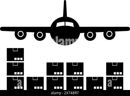 Une simple icône noire et blanche représentant un avion cargo volant au-dessus d'un groupe de caisses d'expédition empilées, représentant le transport aérien de fret et l Illustration de Vecteur