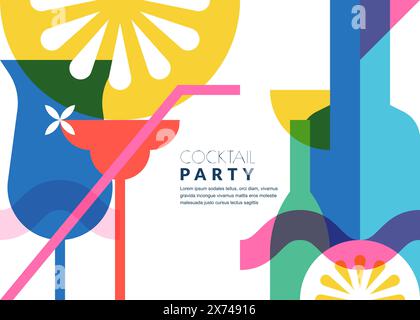 Fond géométrique de bloc de couleur abstrait de soirée cocktail. Verres et bouteilles multicolores. Illustration vectorielle plate. Bannière, affiche, flyer, BA Illustration de Vecteur