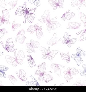Les papillons sont roses, bleus, lilas, volants, art au trait délicat, agrafe Illustration graphique dessinée à la main en rose, encre lilas. EPS à motif sans couture Illustration de Vecteur