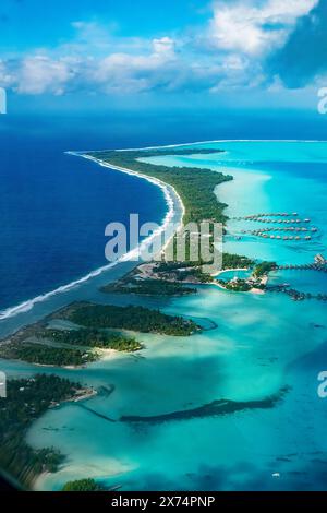Vue aérienne verticale du récif corallien et de son eau turquoise, Bora Bora, Polynésie française Banque D'Images