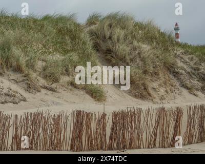 Vue paysage de dunes de sable avec de l'herbe par la mer et un phare en arrière-plan, plage et dunes avec de l'herbe et un banc par la mer, nes Banque D'Images