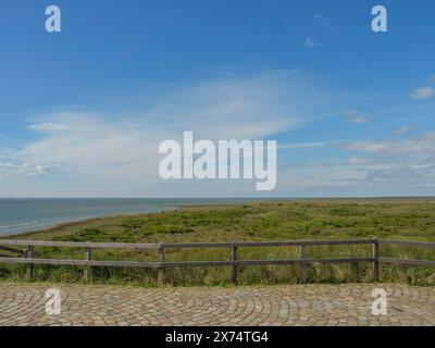 Vue panoramique sur les dunes et la mer derrière une clôture en bois et un sol pavé sous un ciel bleu, dune et sentiers de randonnée au watteenmeer, nuages Banque D'Images