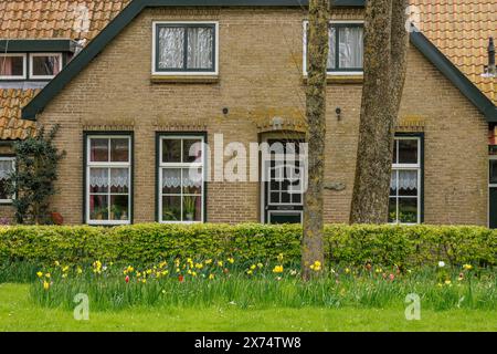 Vue de face d'une maison en brique confortable avec parterre de fleurs et pelouse verte, vieilles maisons avec jardins verdoyants dans un petit village, nes, ameland, pays-bas Banque D'Images