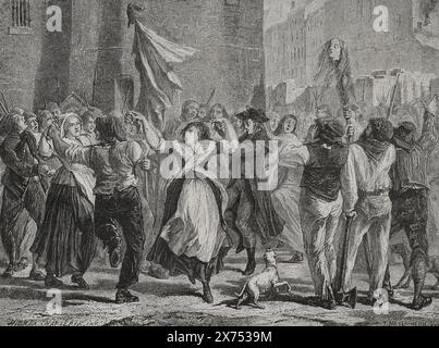 Révolution française. Massacres de septembre (2-6 septembre 1792). Les révolutionnaires ont exécuté des meurtres de masse parmi la population carcérale dans toute la France, principalement à Paris. Les rebelles défilent la tête de la Princesse de Lamballe (Marie Thérèse Louise de Savoie) dans les rues. Dessin de Hippolyte de la Charlerie. Gravure de Théodore Meyer-Heine. "Histoire de la Révolution française". Volume I, 1876. Auteur : Hippolyte de la Charlerie (1827-1869). Artiste belge. Banque D'Images