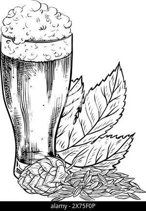 Houblon, malt, verre à bière et tasse à bière. Illustration vectorielle dessinée à la main en noir et blanc sur un fond blanc. Un élément de design pour un pub ou un restaurant moi Illustration de Vecteur