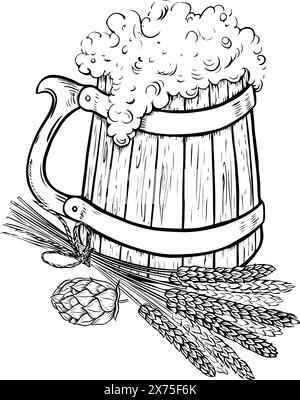 Tasse à bière en bois, houblon et malt. Illustration vectorielle dessinée à la main en noir et blanc sur un fond blanc. Un élément de design pour un menu de pub ou de restaurant, l Illustration de Vecteur