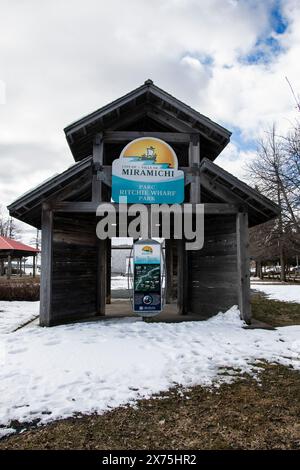 Bienvenue aux panneaux et à la carte du parc du quai Ritchie à Miramichi, Nouveau-Brunswick, Canada Banque D'Images